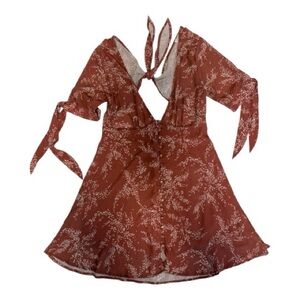 Francesca’s Rust Orange Leaf Print Tie-Sleeve Mini Dress Size M